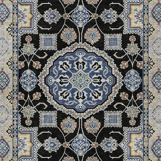 Black And Graphite Floral Medallion Washable Indoor Outdoor Area Rug Photo 3