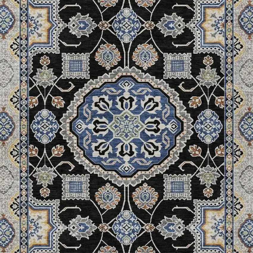 Black And Graphite Floral Medallion Washable Indoor Outdoor Area Rug Photo 3