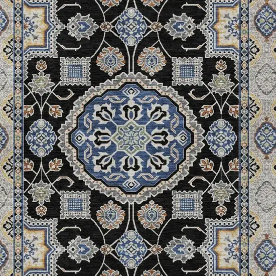 Black And Graphite Floral Medallion Washable Indoor Outdoor Area Rug Photo 2