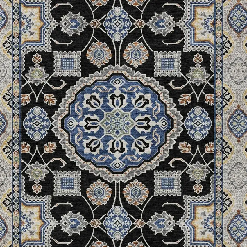 Black And Graphite Floral Medallion Washable Indoor Outdoor Area Rug Photo 2