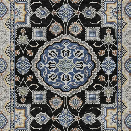 Black And Graphite Floral Medallion Washable Indoor Outdoor Area Rug Photo 2