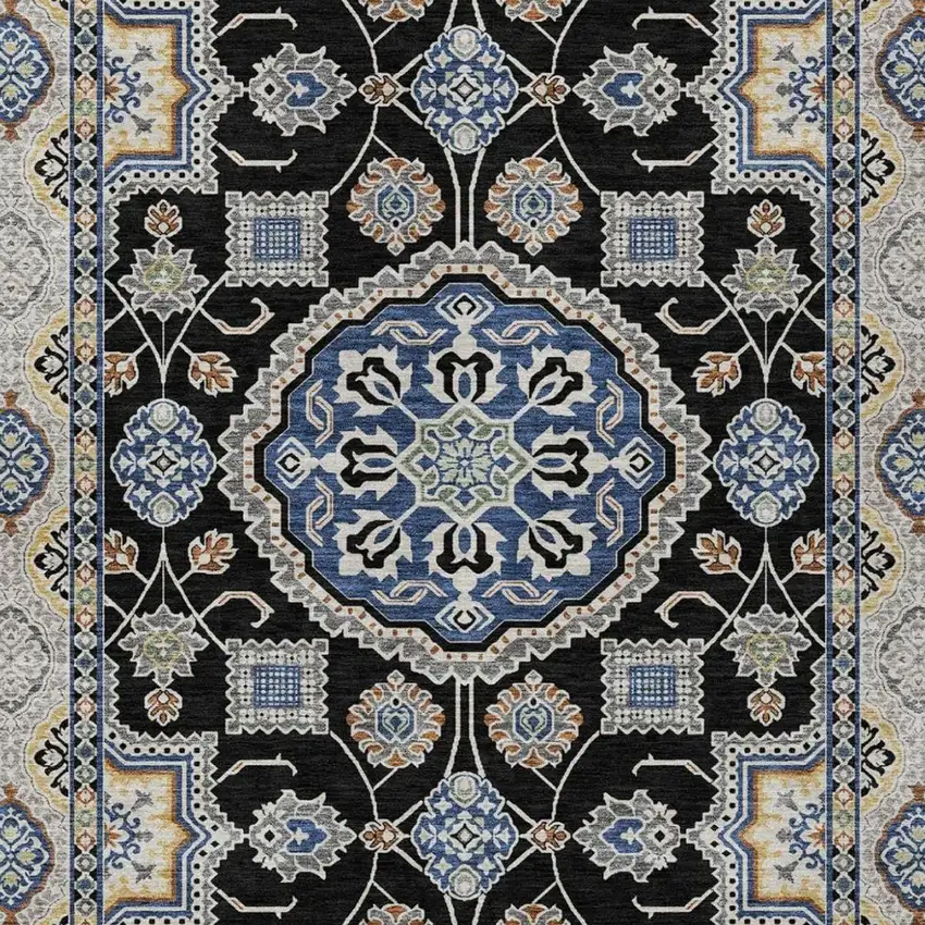 Black And Graphite Floral Medallion Washable Indoor Outdoor Area Rug Photo 2