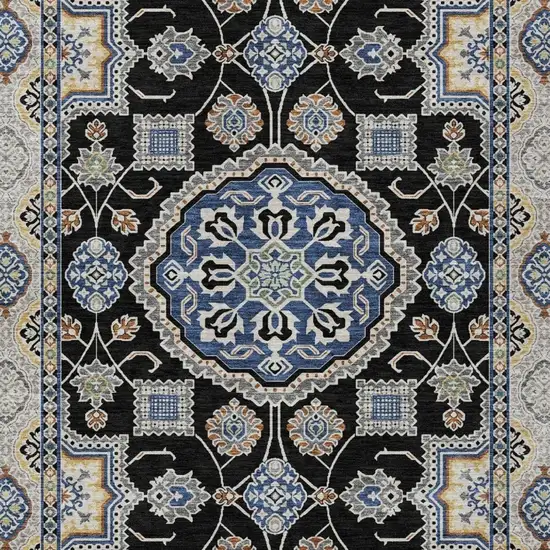 Black And Graphite Floral Medallion Washable Indoor Outdoor Area Rug Photo 3