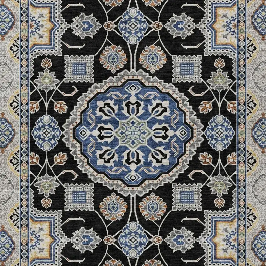 Black And Graphite Floral Medallion Washable Indoor Outdoor Area Rug Photo 3