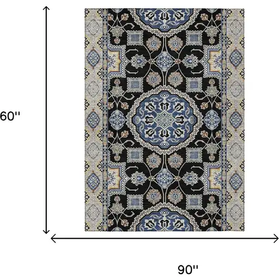 Black And Graphite Floral Medallion Washable Indoor Outdoor Area Rug Photo 5