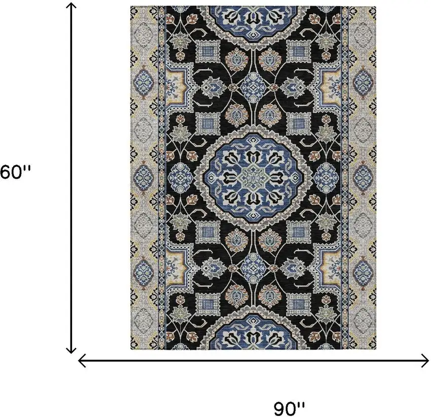Black And Graphite Floral Medallion Washable Indoor Outdoor Area Rug Photo 5