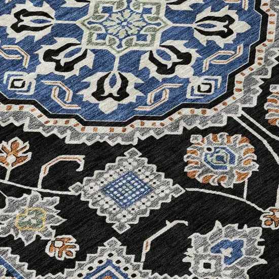 Black And Graphite Floral Medallion Washable Indoor Outdoor Area Rug Photo 4