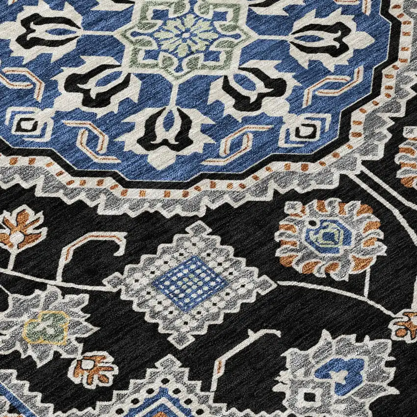 Black And Graphite Floral Medallion Washable Indoor Outdoor Area Rug Photo 4