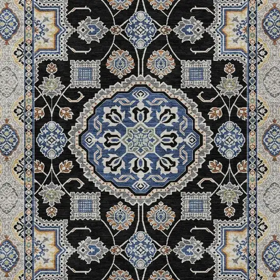 Black And Graphite Floral Medallion Washable Indoor Outdoor Area Rug Photo 2