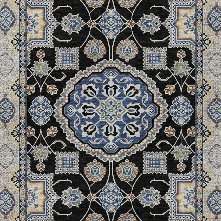 Black And Graphite Floral Medallion Washable Indoor Outdoor Area Rug Photo 2
