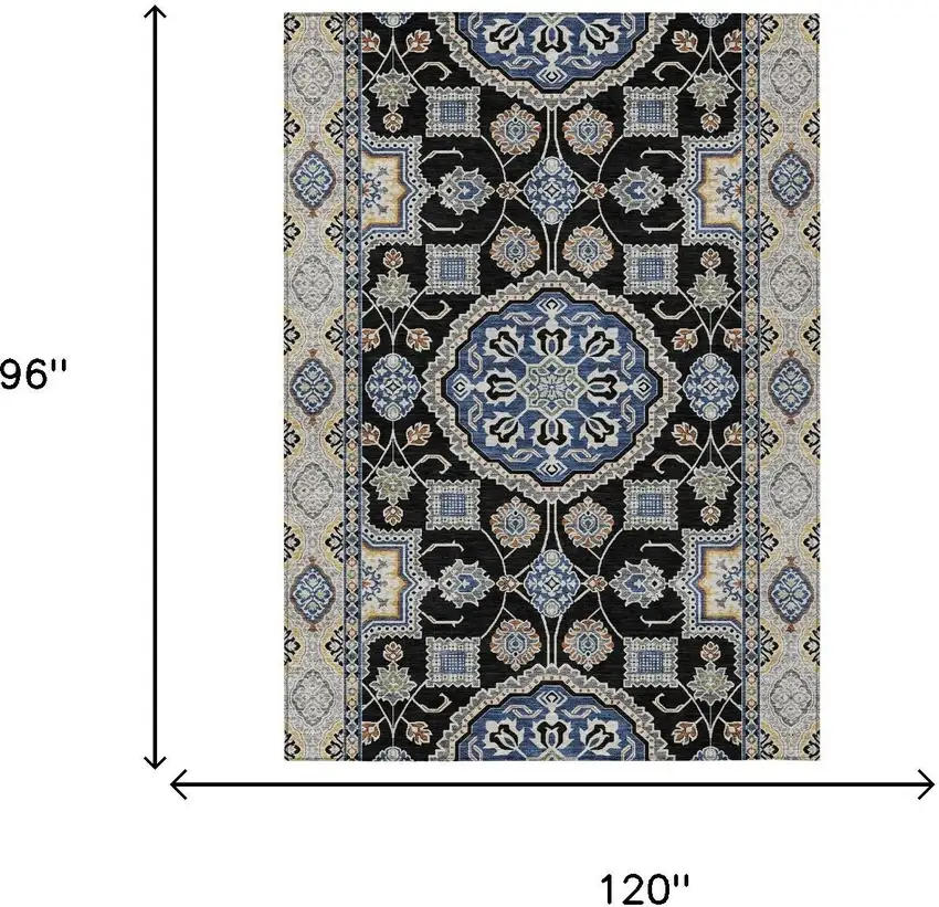 Black And Graphite Floral Medallion Washable Indoor Outdoor Area Rug Photo 5