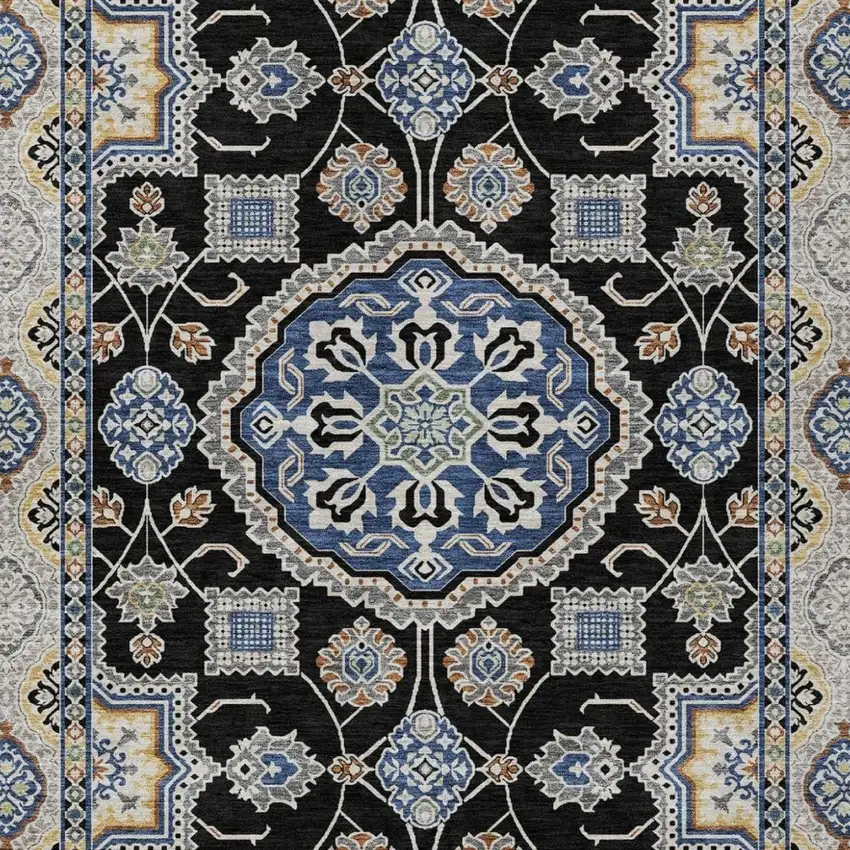 Black And Graphite Floral Medallion Washable Indoor Outdoor Area Rug Photo 3