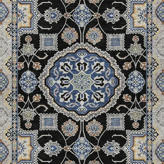Black And Graphite Floral Medallion Washable Indoor Outdoor Area Rug Photo 3