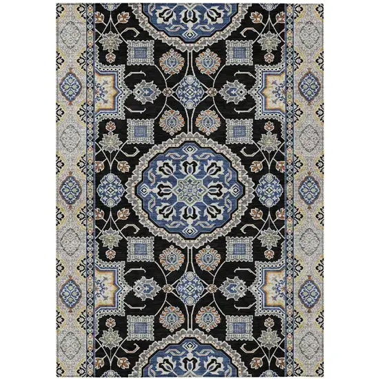 Black And Graphite Floral Medallion Washable Indoor Outdoor Area Rug Photo 1