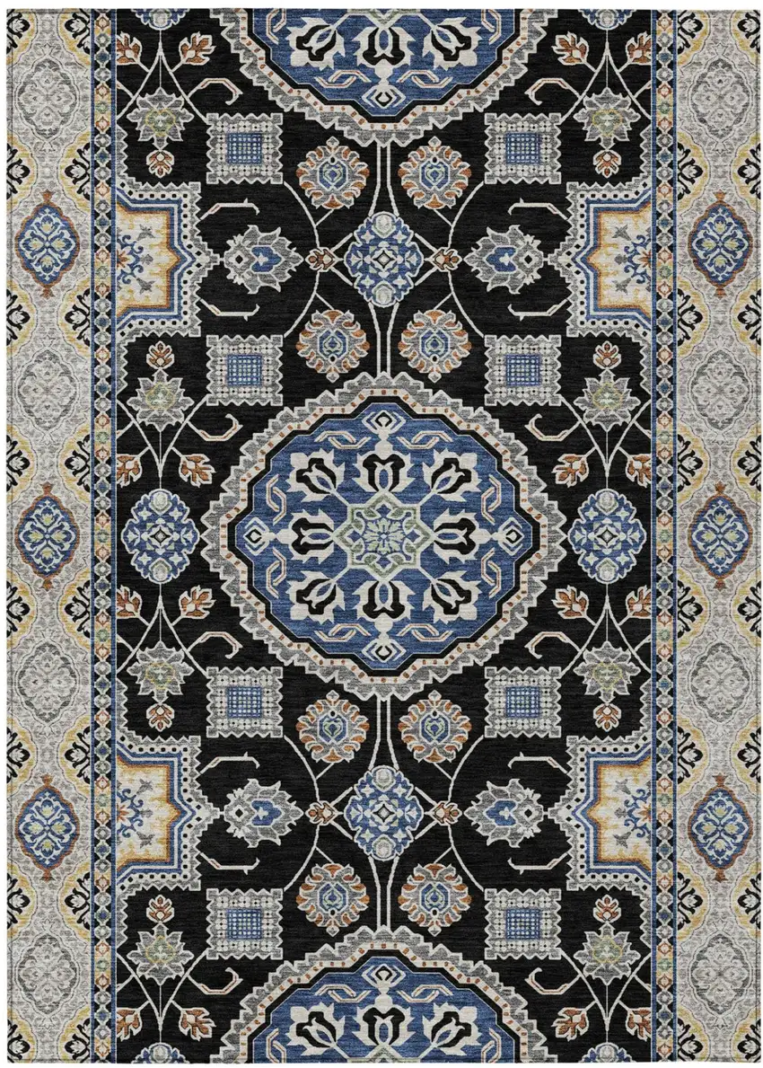 Black And Graphite Floral Medallion Washable Indoor Outdoor Area Rug Photo 1