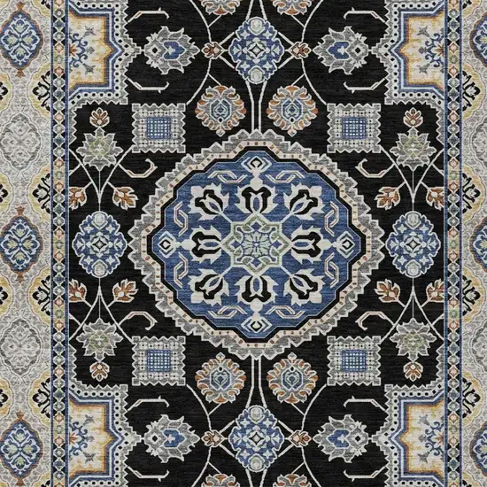 Black And Graphite Floral Medallion Washable Indoor Outdoor Area Rug Photo 2