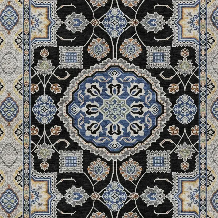 Black And Graphite Floral Medallion Washable Indoor Outdoor Area Rug Photo 2