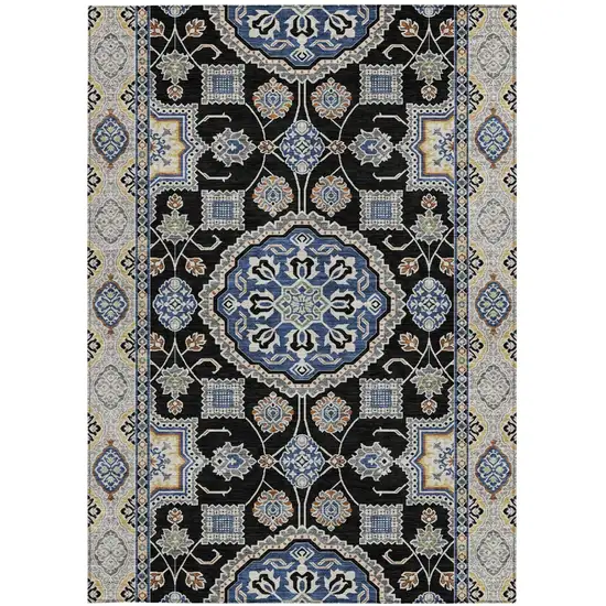 Black And Graphite Floral Medallion Washable Indoor Outdoor Area Rug Photo 3