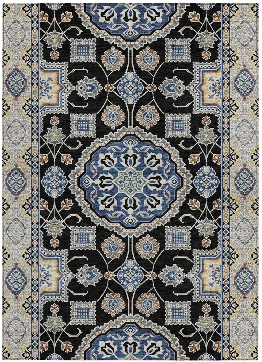 Black And Graphite Floral Medallion Washable Indoor Outdoor Area Rug Photo 3