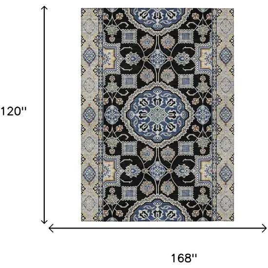 Black And Graphite Floral Medallion Washable Indoor Outdoor Area Rug Photo 5