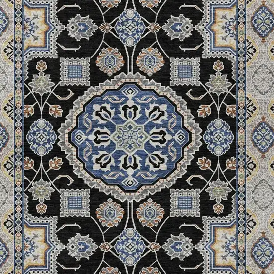 Black And Graphite Floral Medallion Washable Indoor Outdoor Area Rug Photo 2