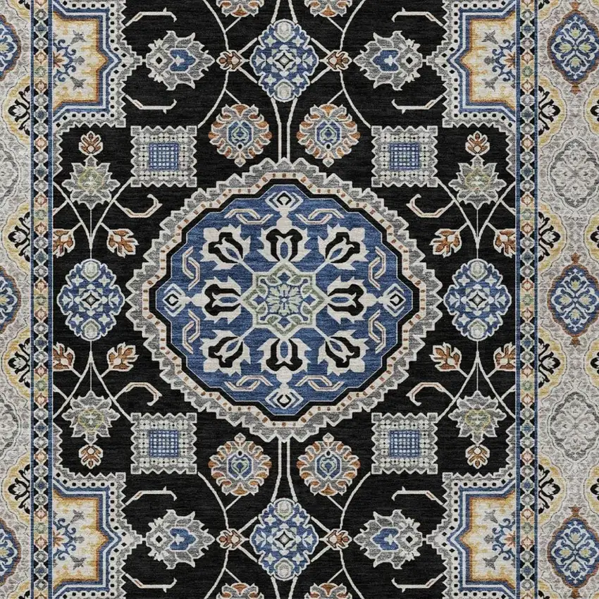 Black And Graphite Floral Medallion Washable Indoor Outdoor Area Rug Photo 2