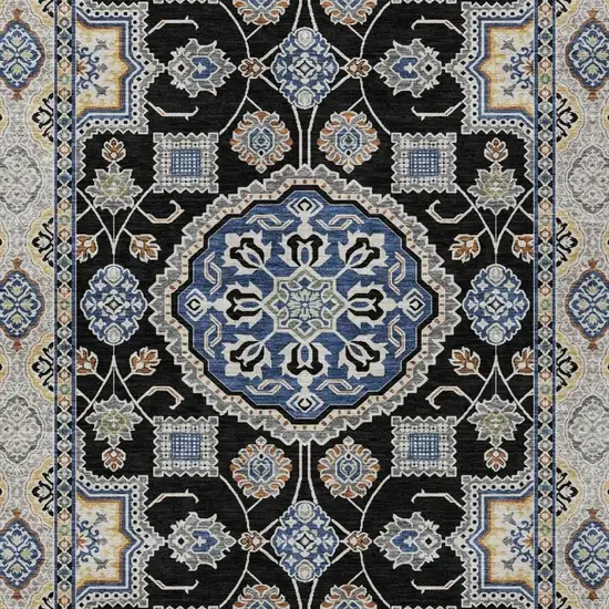 Black And Graphite Floral Medallion Washable Indoor Outdoor Area Rug Photo 3