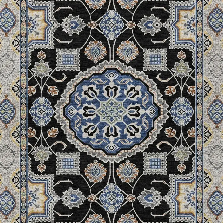 Black And Graphite Floral Medallion Washable Indoor Outdoor Area Rug Photo 3