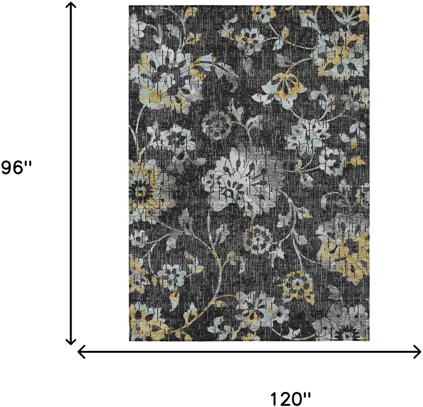 Black And Graphite Floral Washable Indoor Outdoor Area Rug Photo 6