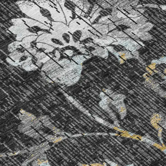 Black And Graphite Floral Washable Indoor Outdoor Area Rug Photo 5
