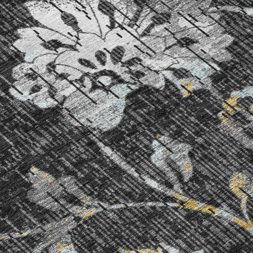 Black And Graphite Floral Washable Indoor Outdoor Area Rug Photo 5