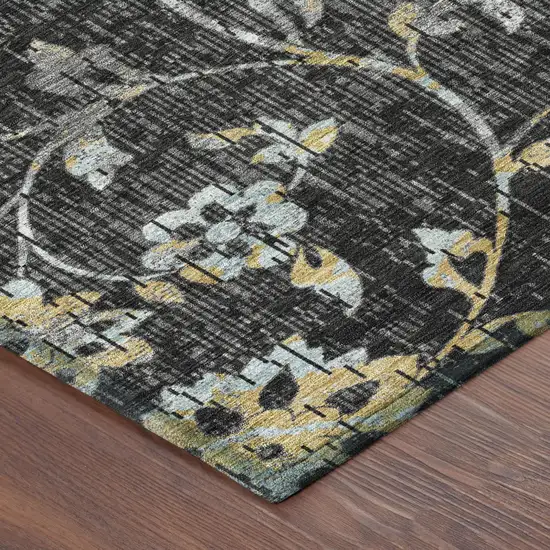 Black And Graphite Floral Washable Indoor Outdoor Area Rug Photo 4