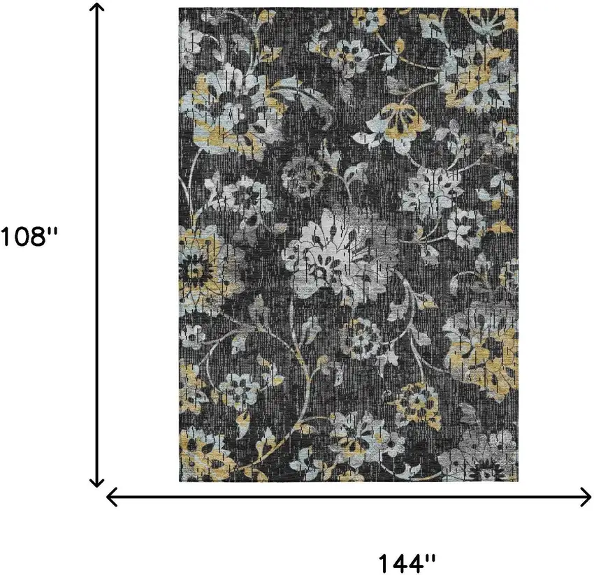 Black And Graphite Floral Washable Indoor Outdoor Area Rug Photo 6