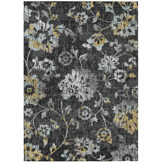 Black And Graphite Floral Washable Indoor Outdoor Area Rug Photo 1