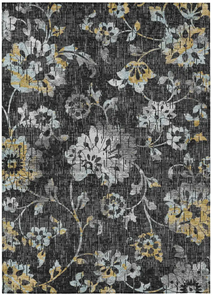 Black And Graphite Floral Washable Indoor Outdoor Area Rug Photo 1