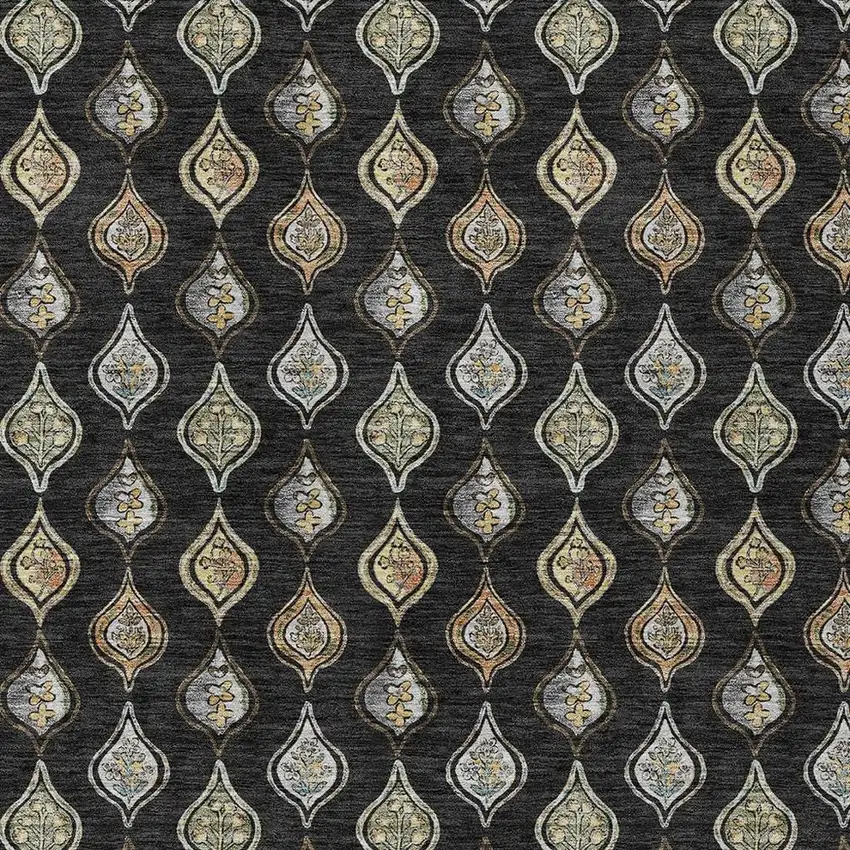 Black And Graphite Floral Washable Indoor Outdoor Area Rug Photo 2