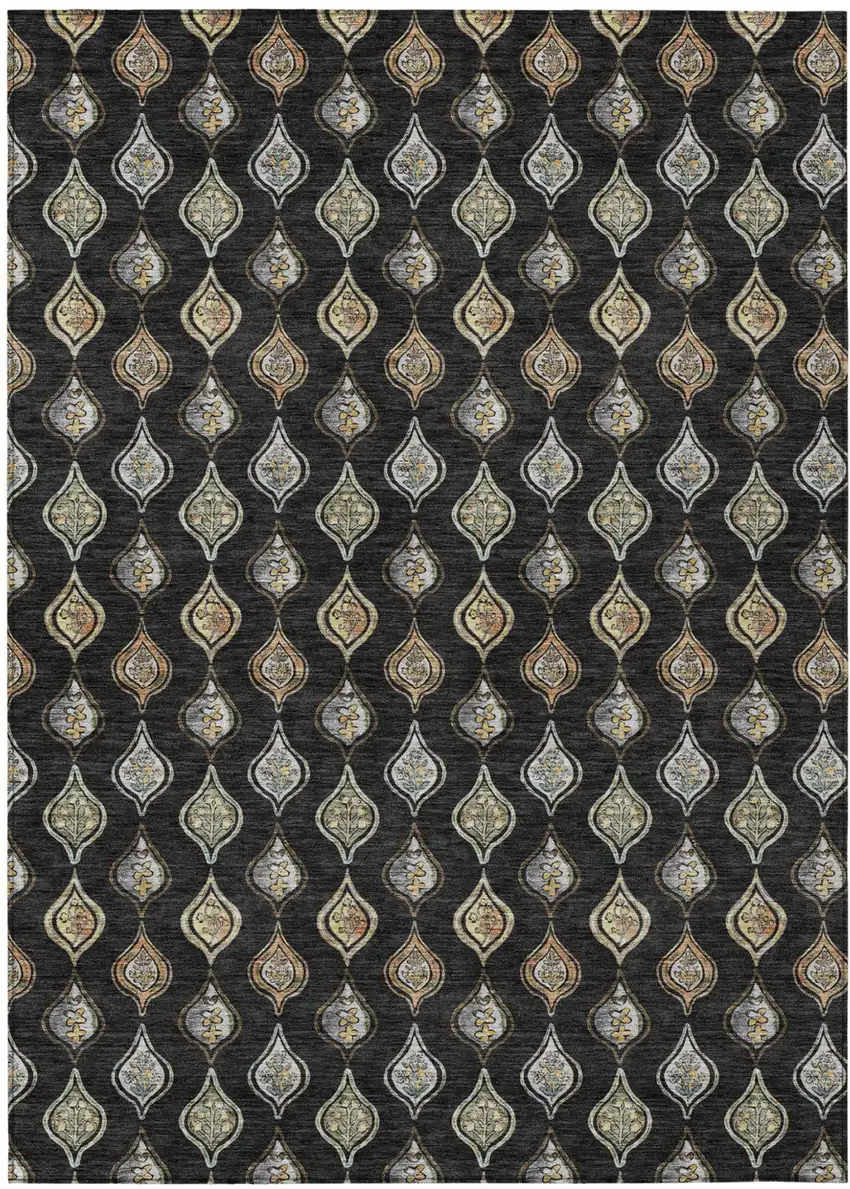 Black And Graphite Floral Washable Indoor Outdoor Area Rug Photo 1