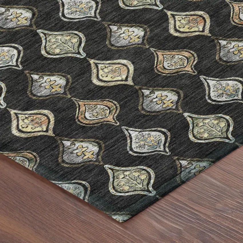 Black And Graphite Floral Washable Indoor Outdoor Area Rug Photo 4
