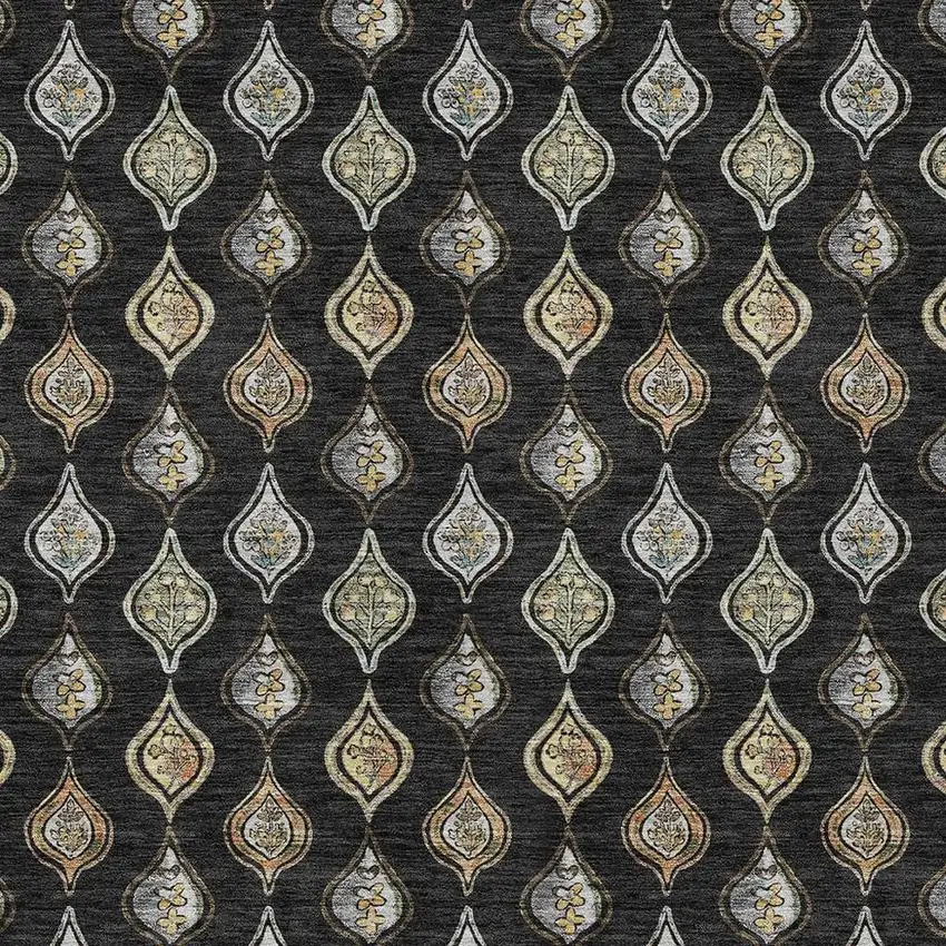 Black And Graphite Floral Washable Indoor Outdoor Area Rug Photo 2
