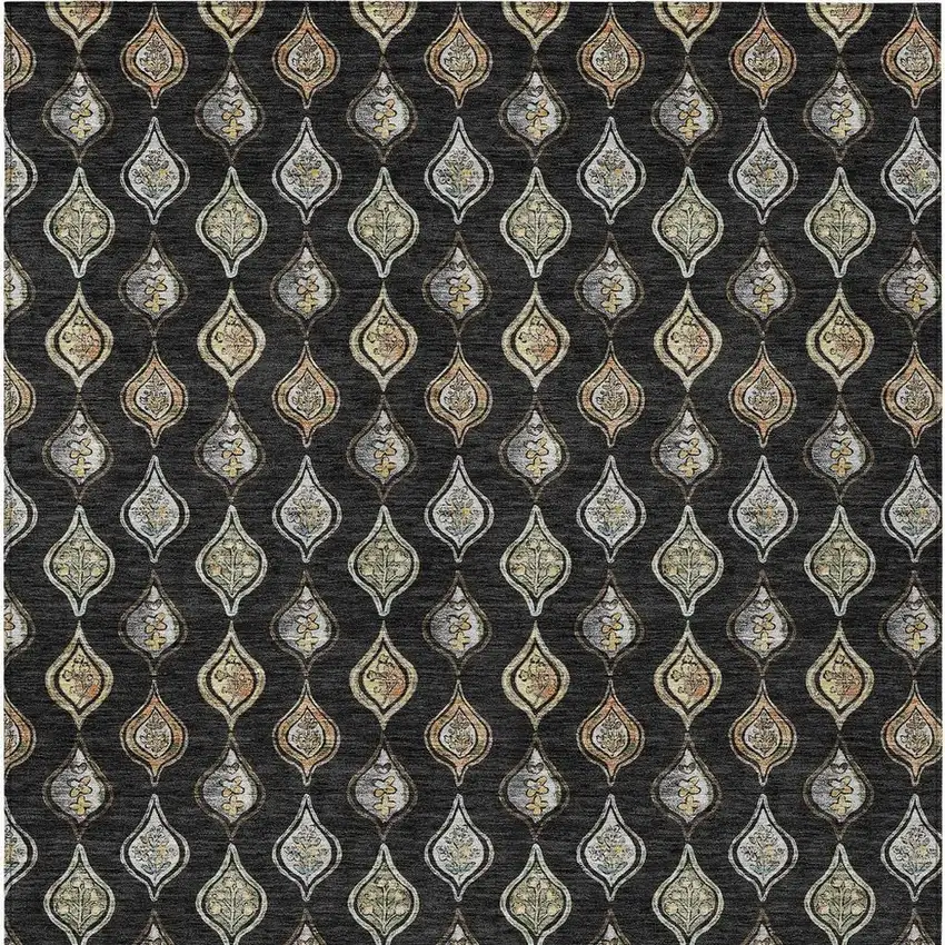 Black And Graphite Floral Washable Indoor Outdoor Area Rug Photo 3