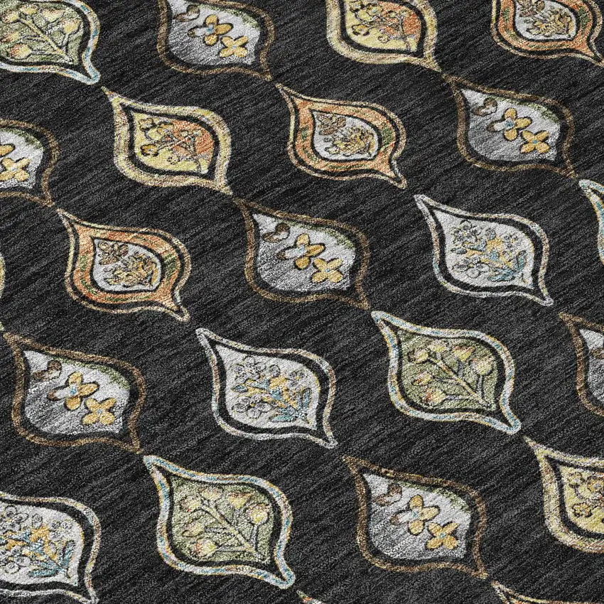 Black And Graphite Floral Washable Indoor Outdoor Area Rug Photo 5