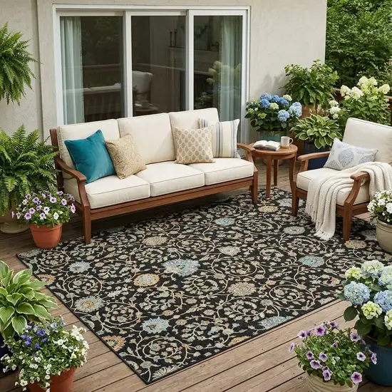 Black And Graphite Floral Washable Indoor Outdoor Area Rug Photo 1