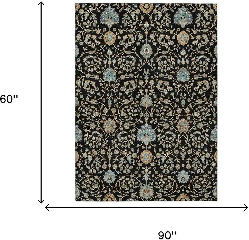 Black And Graphite Floral Washable Indoor Outdoor Area Rug Photo 5