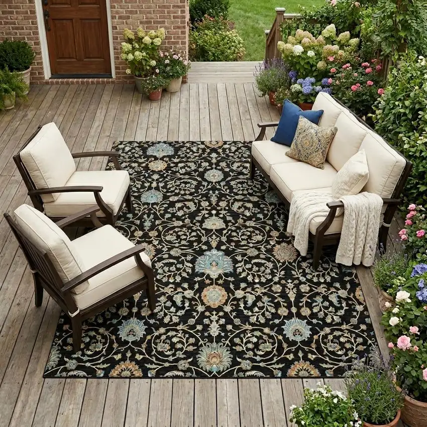 Black And Graphite Floral Washable Indoor Outdoor Area Rug Photo 1