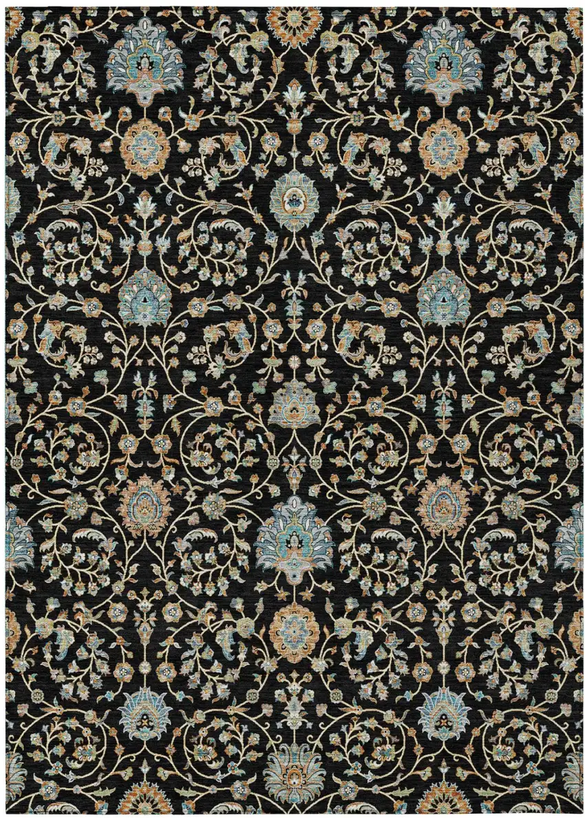 Black And Graphite Floral Washable Indoor Outdoor Area Rug Photo 2