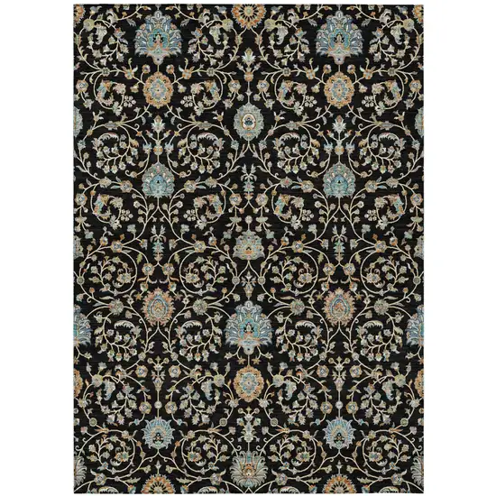 Black And Graphite Floral Washable Indoor Outdoor Area Rug Photo 2