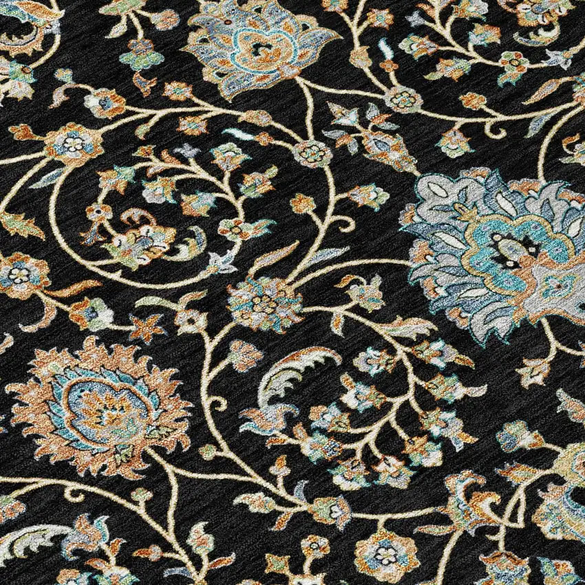 Black And Graphite Floral Washable Indoor Outdoor Area Rug Photo 4