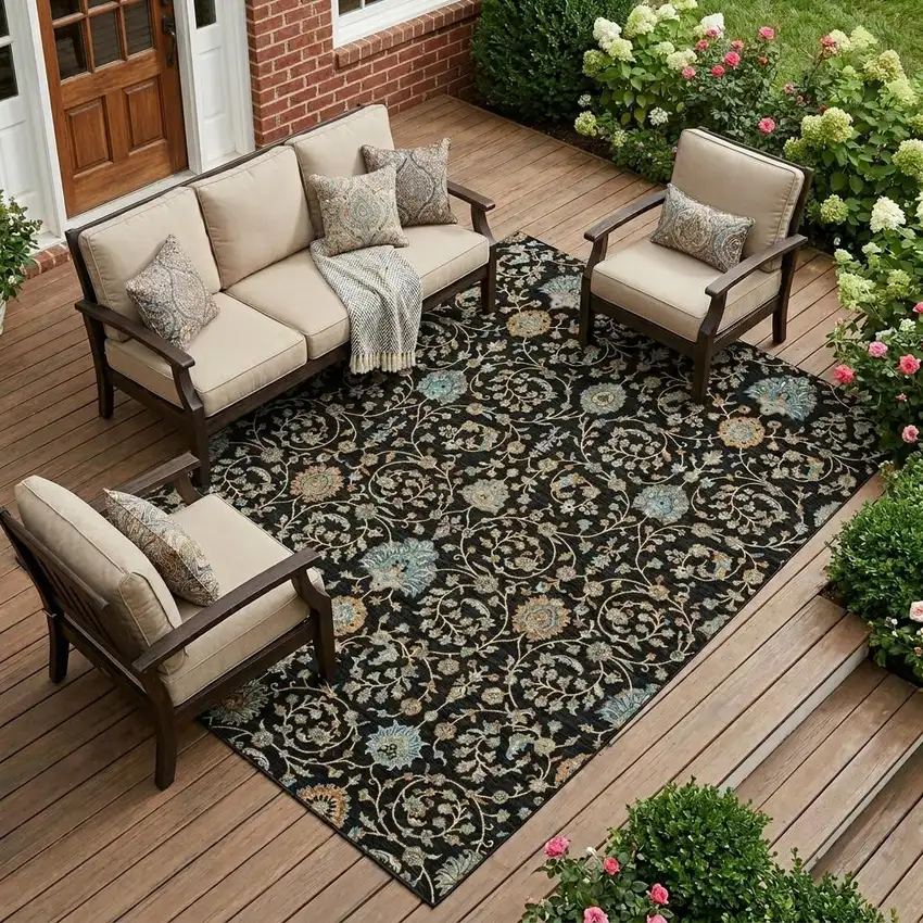 Black And Graphite Floral Washable Indoor Outdoor Area Rug Photo 1