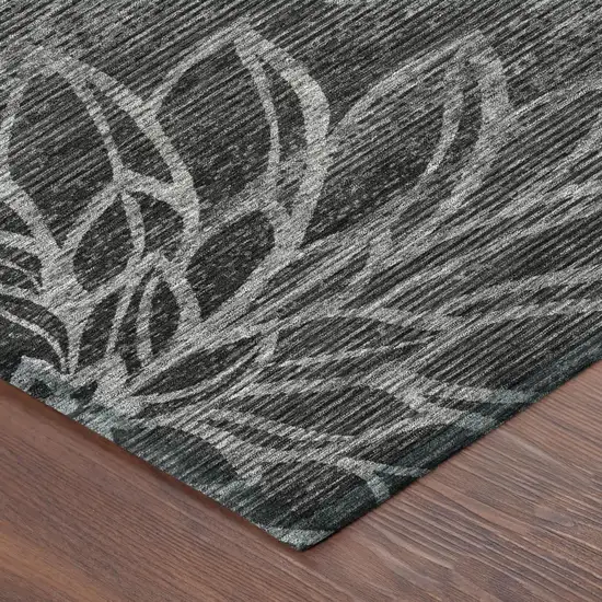 Black And Graphite Floral Washable Indoor Outdoor Area Rug Photo 3