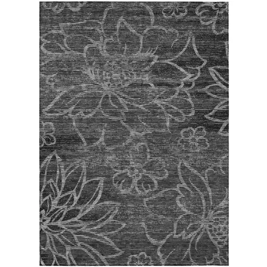 Black And Graphite Floral Washable Indoor Outdoor Area Rug Photo 2